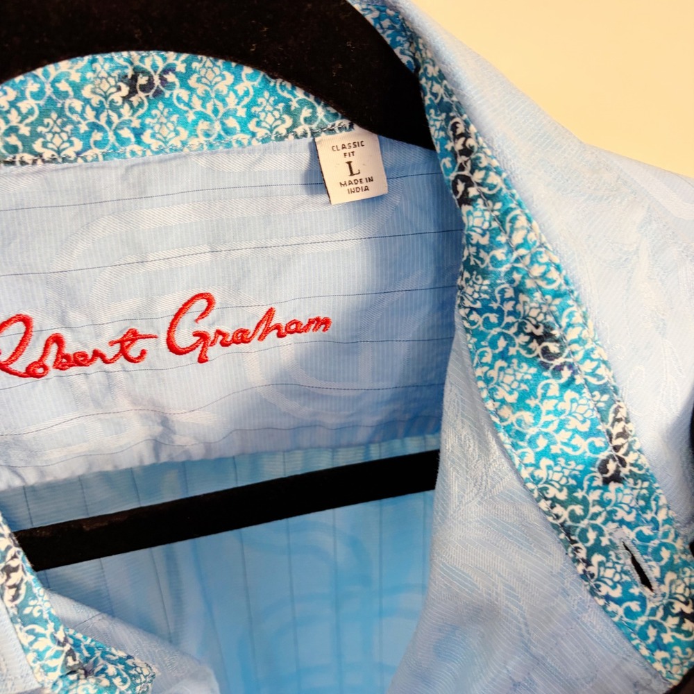 Robert Graham Shirt Mens L Blue Paisley Short Sleeve Classic Fit Jacquard Cotton - Picture 6 of 10